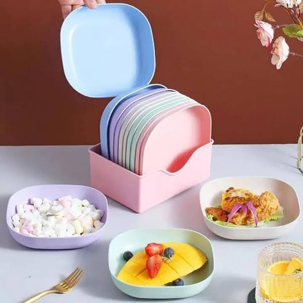 10 Pcs Plates With Stand, Multi-function Dish,Square Lightweight Wheat Straw Plates, Deep Dinner Dishes
